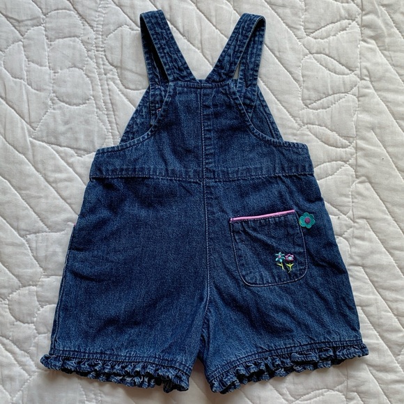 2000 Gymboree Pop Safari Embroidered Purple Flower Denim Overalls Shortalls - Picture 11 of 11